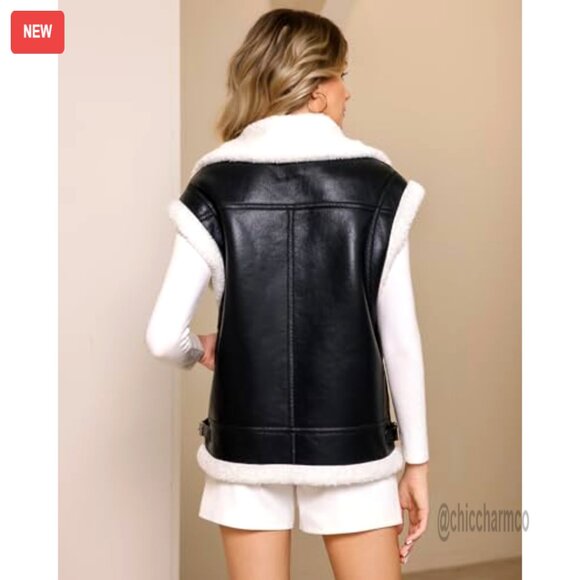 Faux Fur Leather Vest, Sherpa Lined, Winter Warm Sleeveless Jacket - Picture 4 of 7